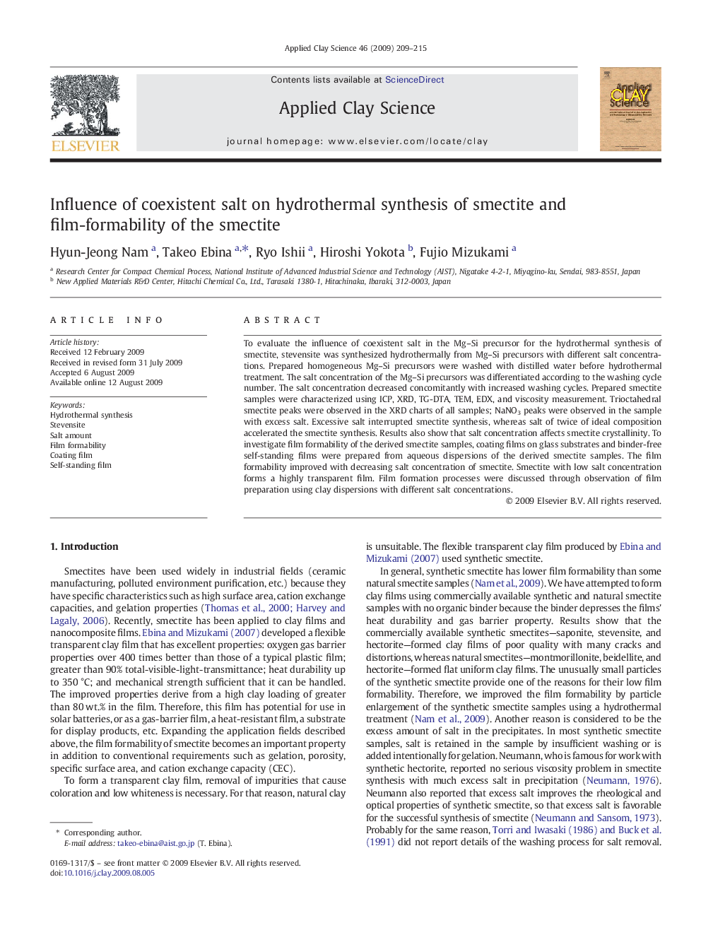 Influence of coexistent salt on hydrothermal synthesis of smectite and film-formability of the smectite