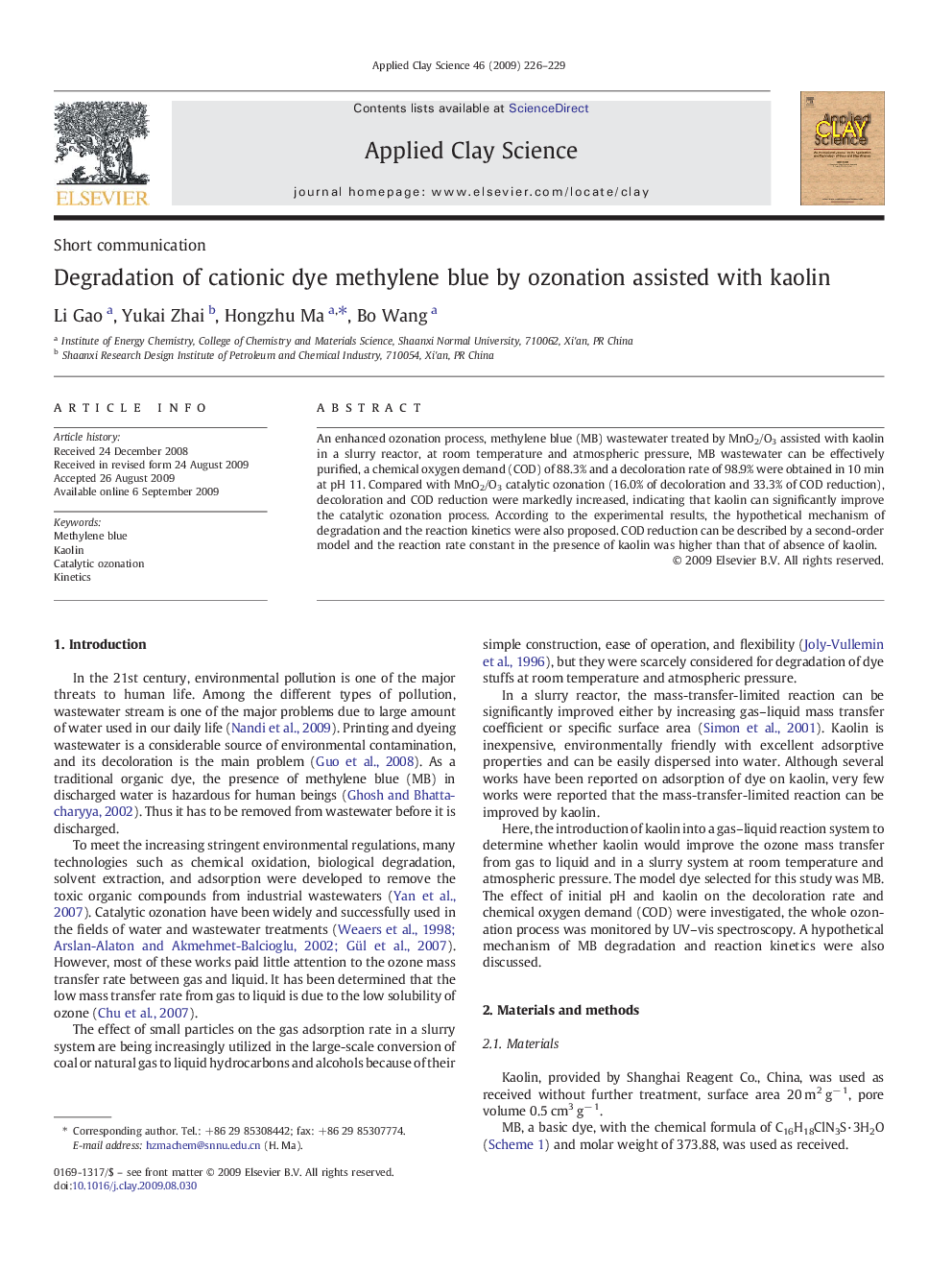 Degradation of cationic dye methylene blue by ozonation assisted with kaolin