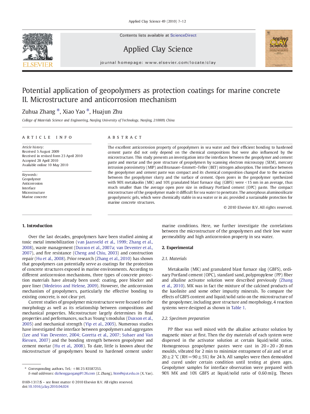 عکس صفحه اول مقاله: Potential application of geopolymers as protection coatings for marine concrete: II. Microstructure and anticorrosion mechanism Potential application of geopolymers as protection coatings for marine concrete: II. Microstructure and anticorrosion mechanism
