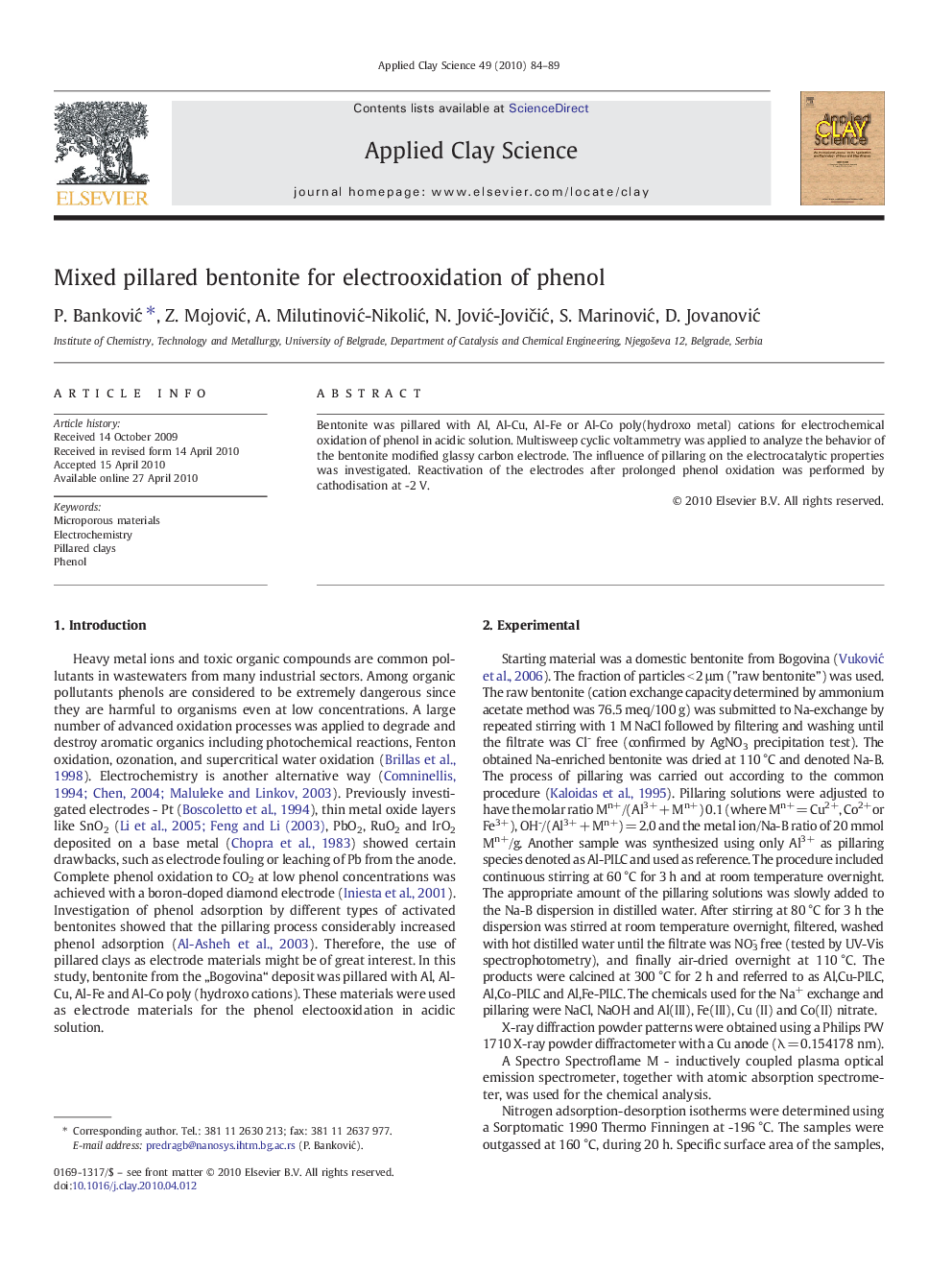 Mixed pillared bentonite for electrooxidation of phenol