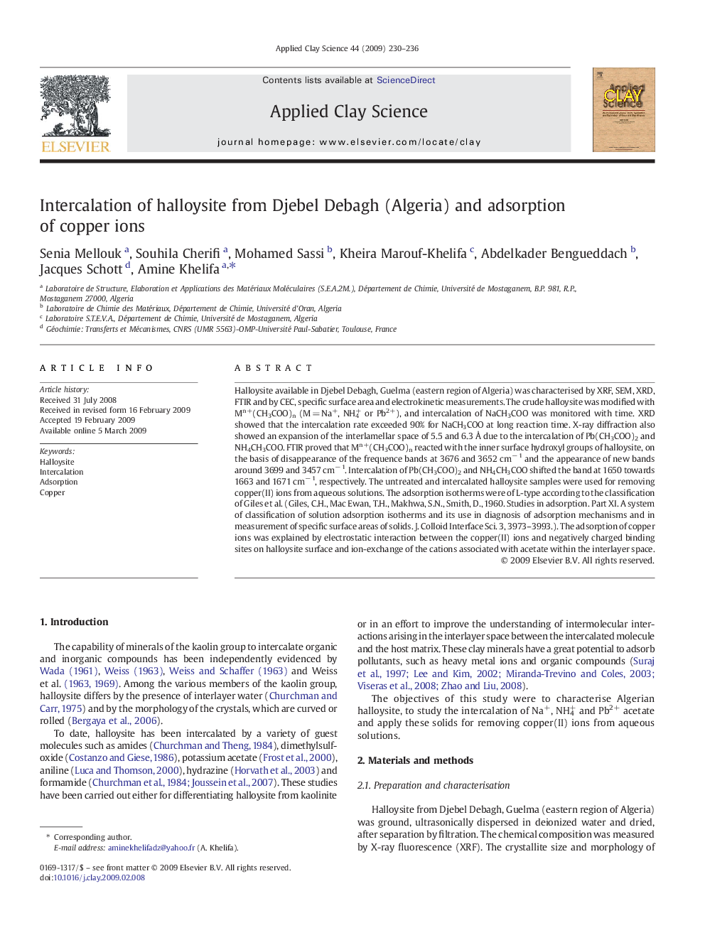 Intercalation of halloysite from Djebel Debagh (Algeria) and adsorption of copper ions