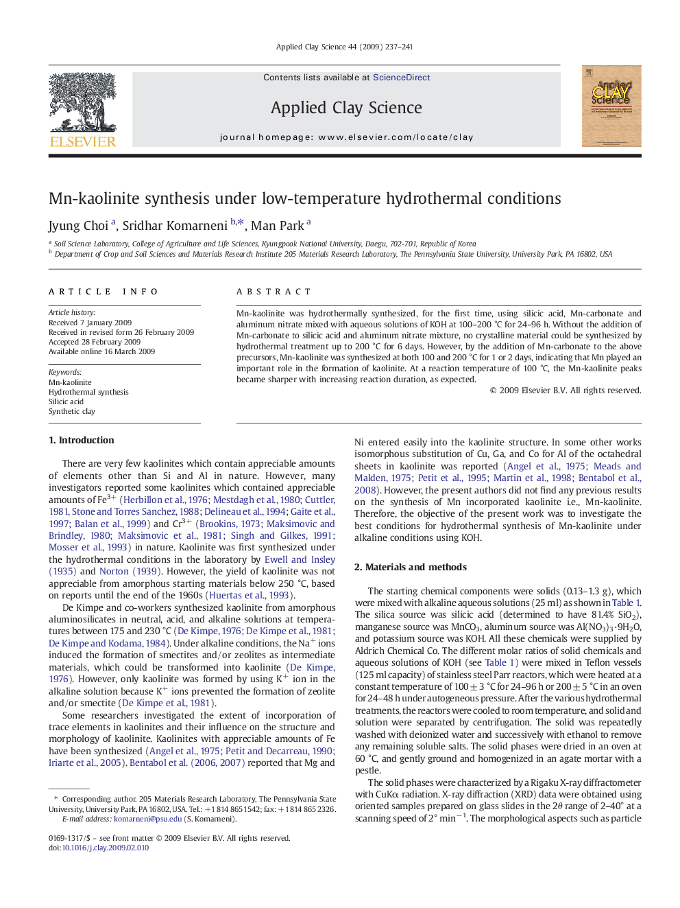 Mn-kaolinite synthesis under low-temperature hydrothermal conditions