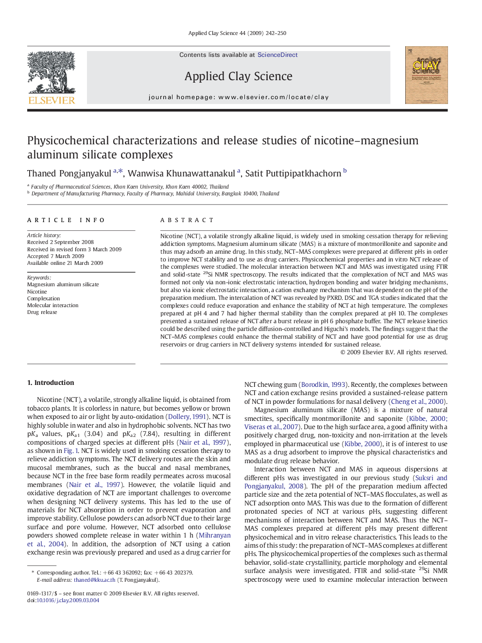 Physicochemical characterizations and release studies of nicotine–magnesium aluminum silicate complexes