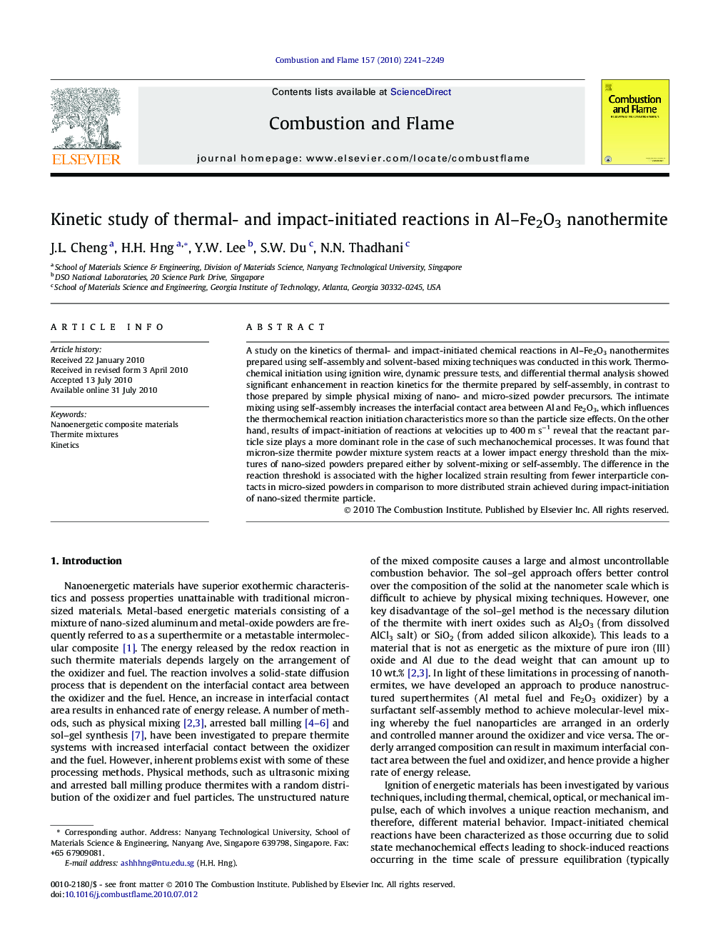 Kinetic study of thermal- and impact-initiated reactions in Al–Fe2O3 nanothermite