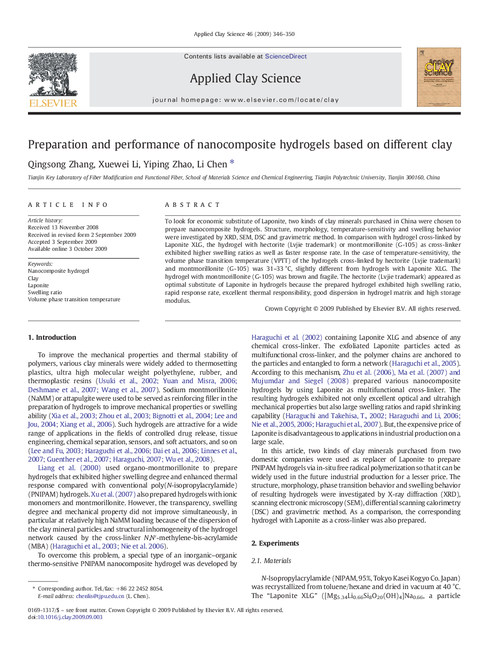 Preparation and performance of nanocomposite hydrogels based on different clay