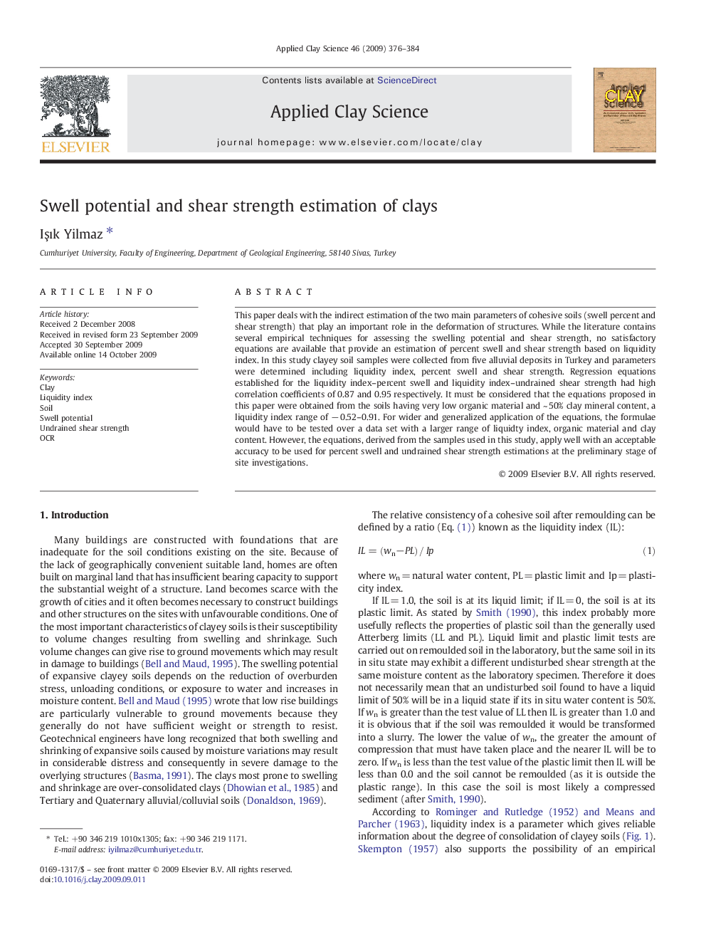 Swell potential and shear strength estimation of clays