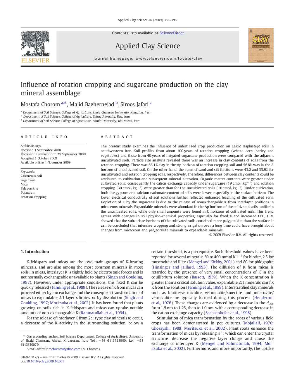 عکس صفحه اول مقاله: Influence of rotation cropping and sugarcane production on the clay mineral assemblage Influence of rotation cropping and sugarcane production on the clay mineral assemblage