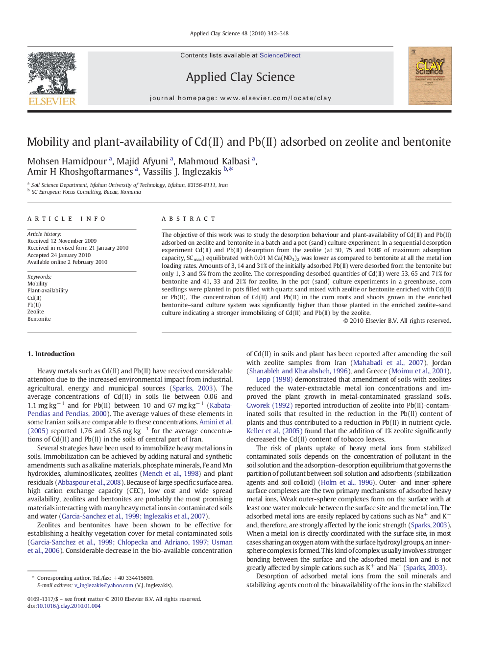 Mobility and plant-availability of Cd(II) and Pb(II) adsorbed on zeolite and bentonite