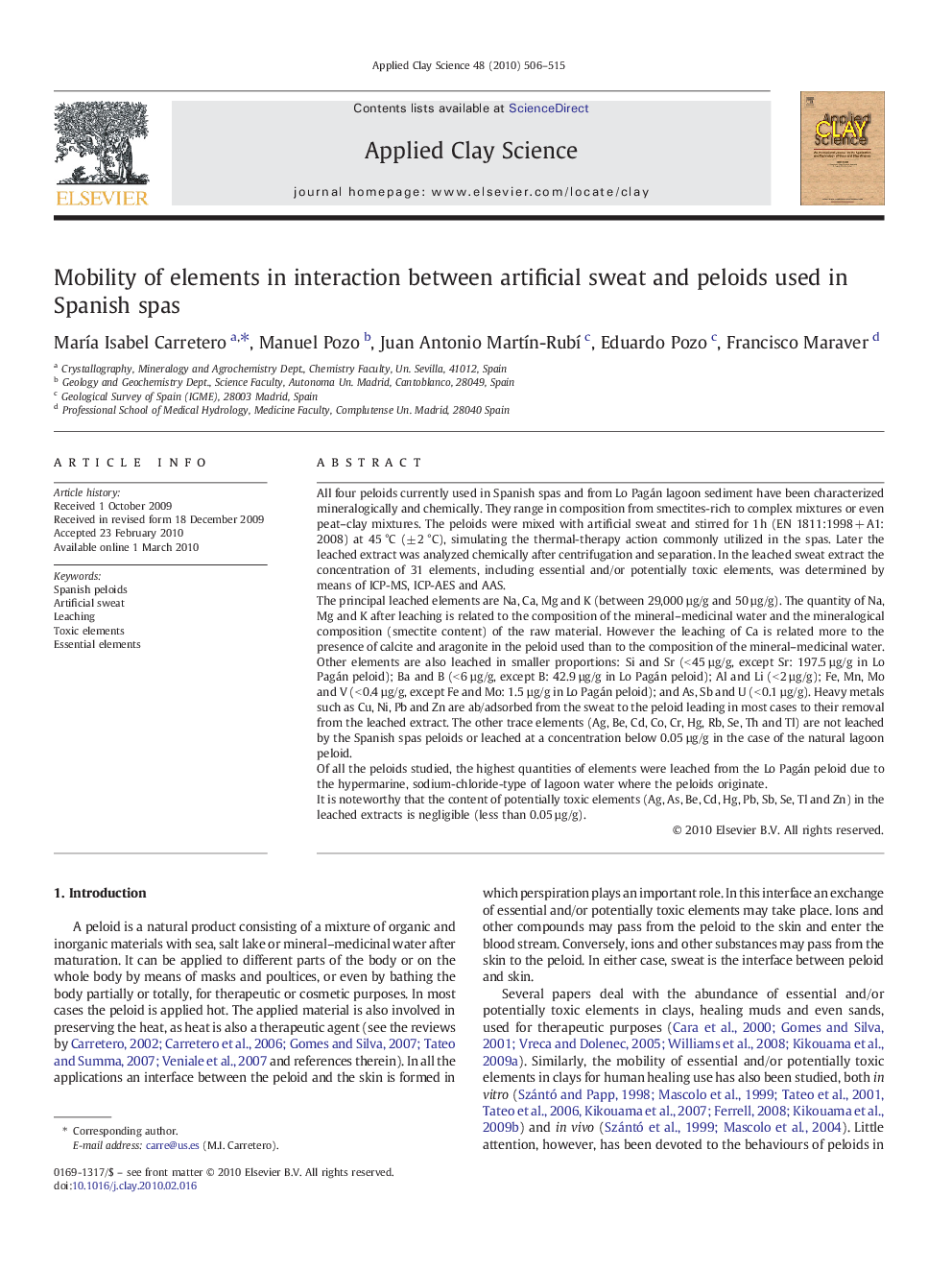 Mobility of elements in interaction between artificial sweat and peloids used in Spanish spas