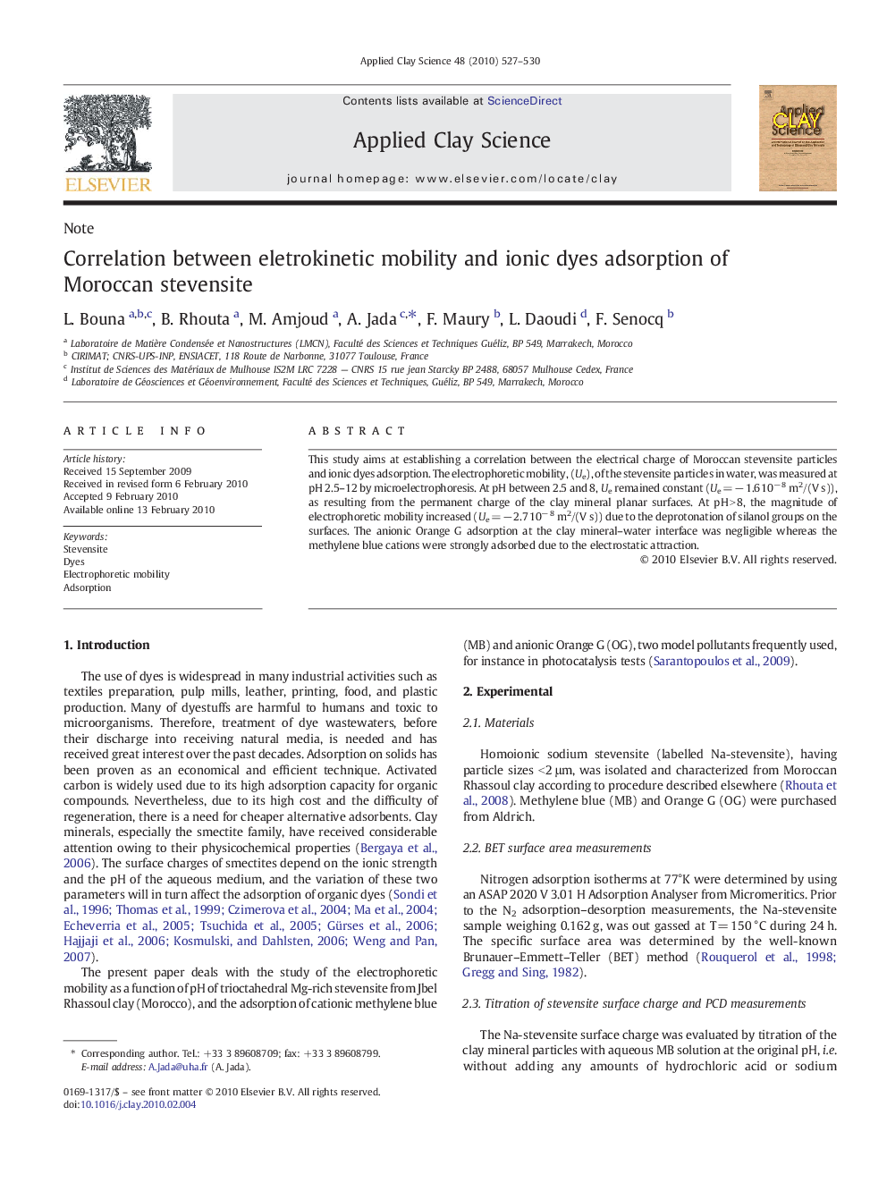عکس صفحه اول مقاله: Correlation between eletrokinetic mobility and ionic dyes adsorption of Moroccan stevensite Correlation between eletrokinetic mobility and ionic dyes adsorption of Moroccan stevensite