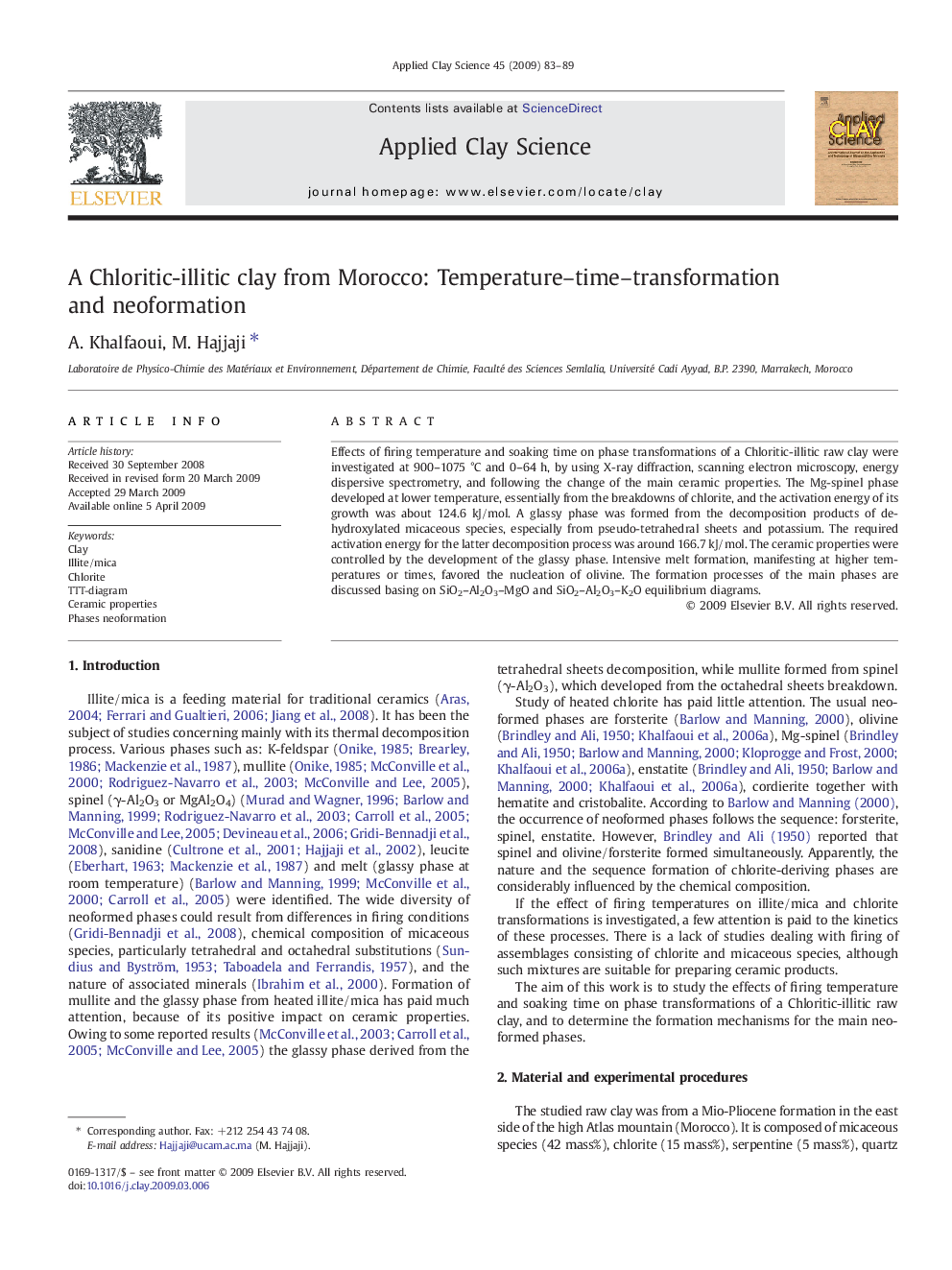 عکس صفحه اول مقاله: A Chloritic-illitic clay from Morocco: Temperature–time–transformation and neoformation A Chloritic-illitic clay from Morocco: Temperature–time–transformation and neoformation
