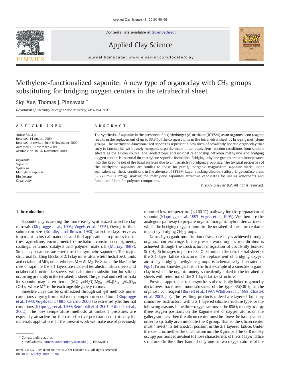 Methylene-functionalized saponite: A new type of organoclay with CH2 groups substituting for bridging oxygen centers in the tetrahedral sheet