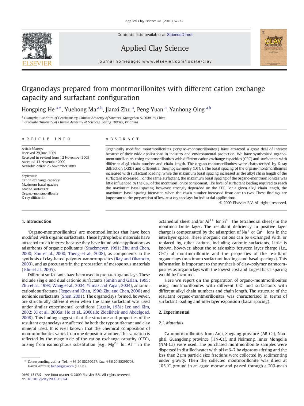 Organoclays prepared from montmorillonites with different cation exchange capacity and surfactant configuration