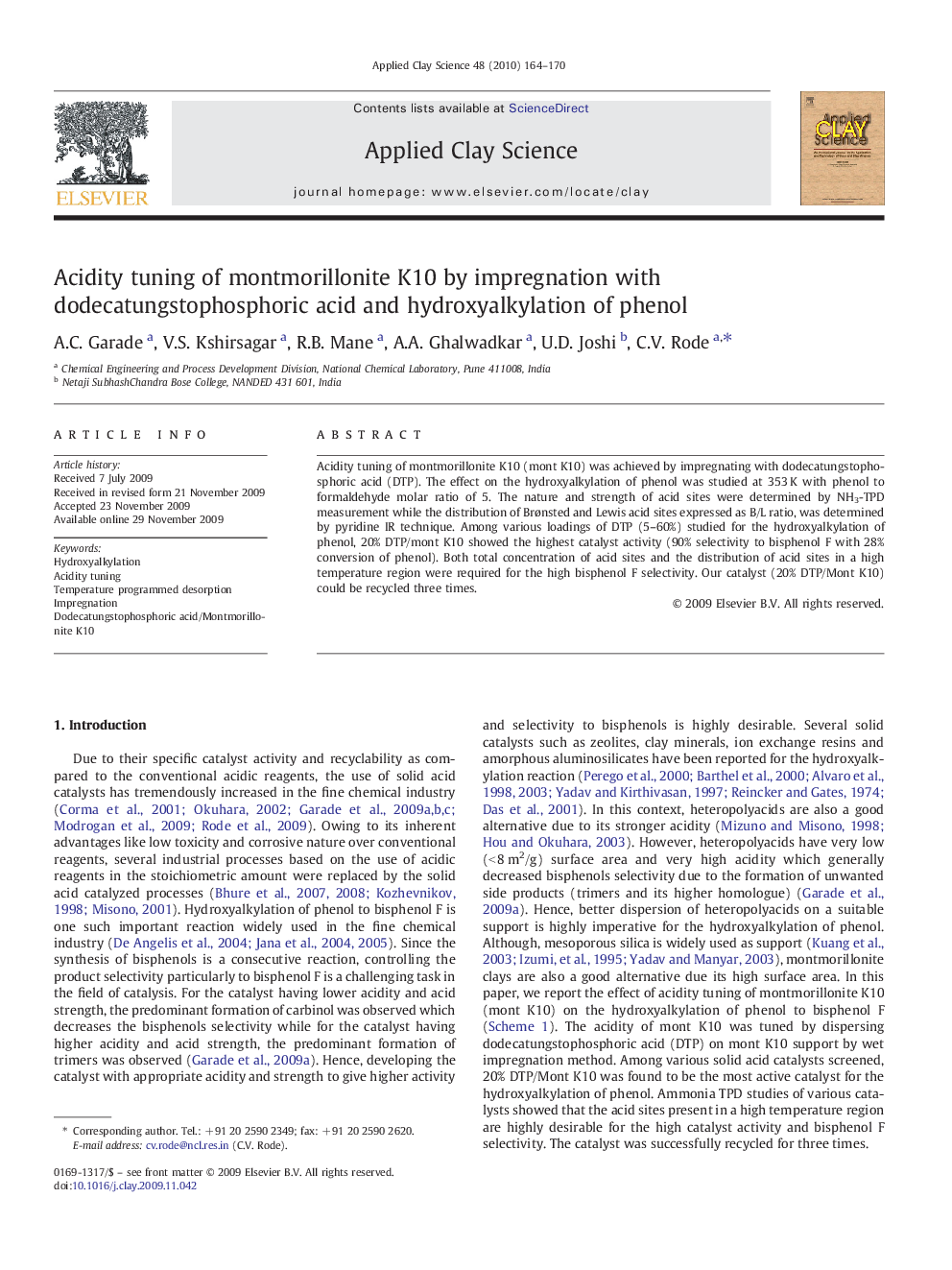 Acidity tuning of montmorillonite K10 by impregnation with dodecatungstophosphoric acid and hydroxyalkylation of phenol