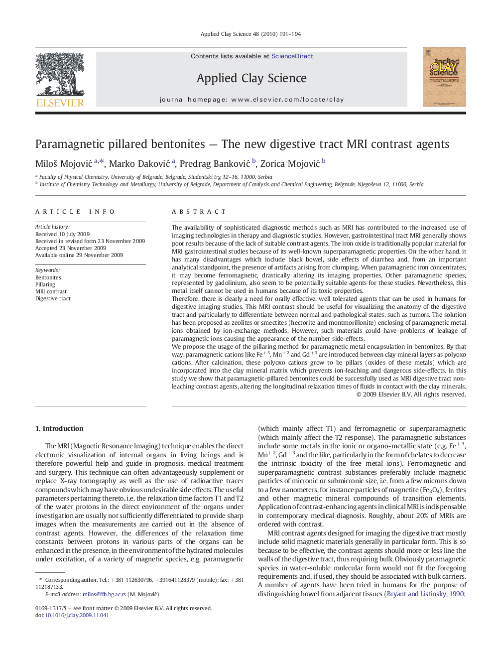 عکس صفحه اول مقاله: Paramagnetic pillared bentonites — The new digestive tract MRI contrast agents Paramagnetic pillared bentonites — The new digestive tract MRI contrast agents
