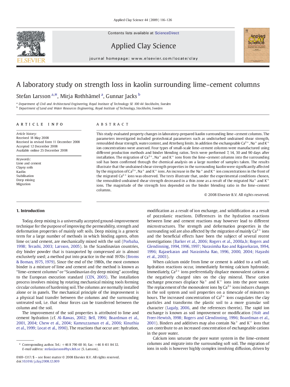 A laboratory study on strength loss in kaolin surrounding lime–cement columns