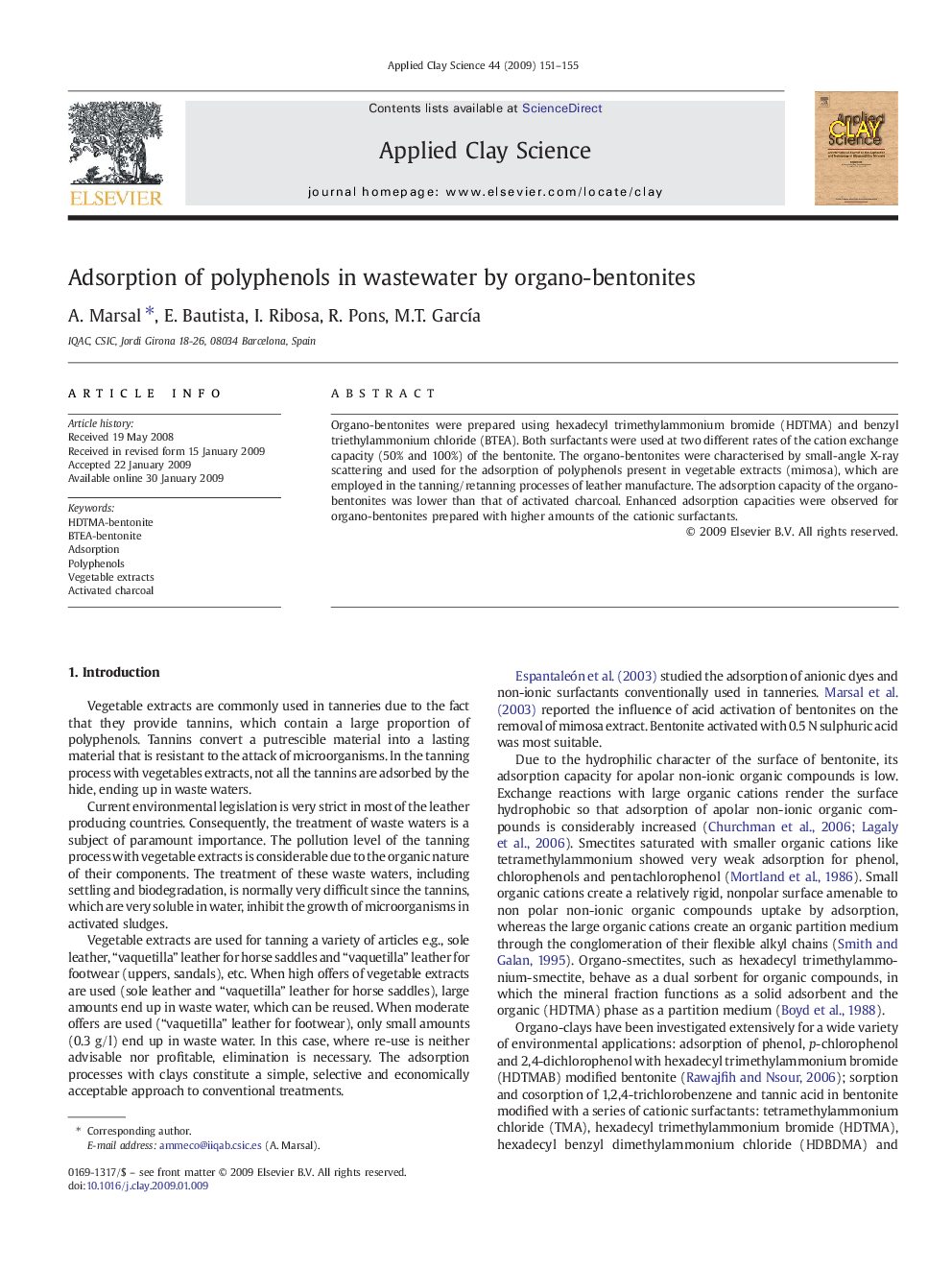 Adsorption of polyphenols in wastewater by organo-bentonites