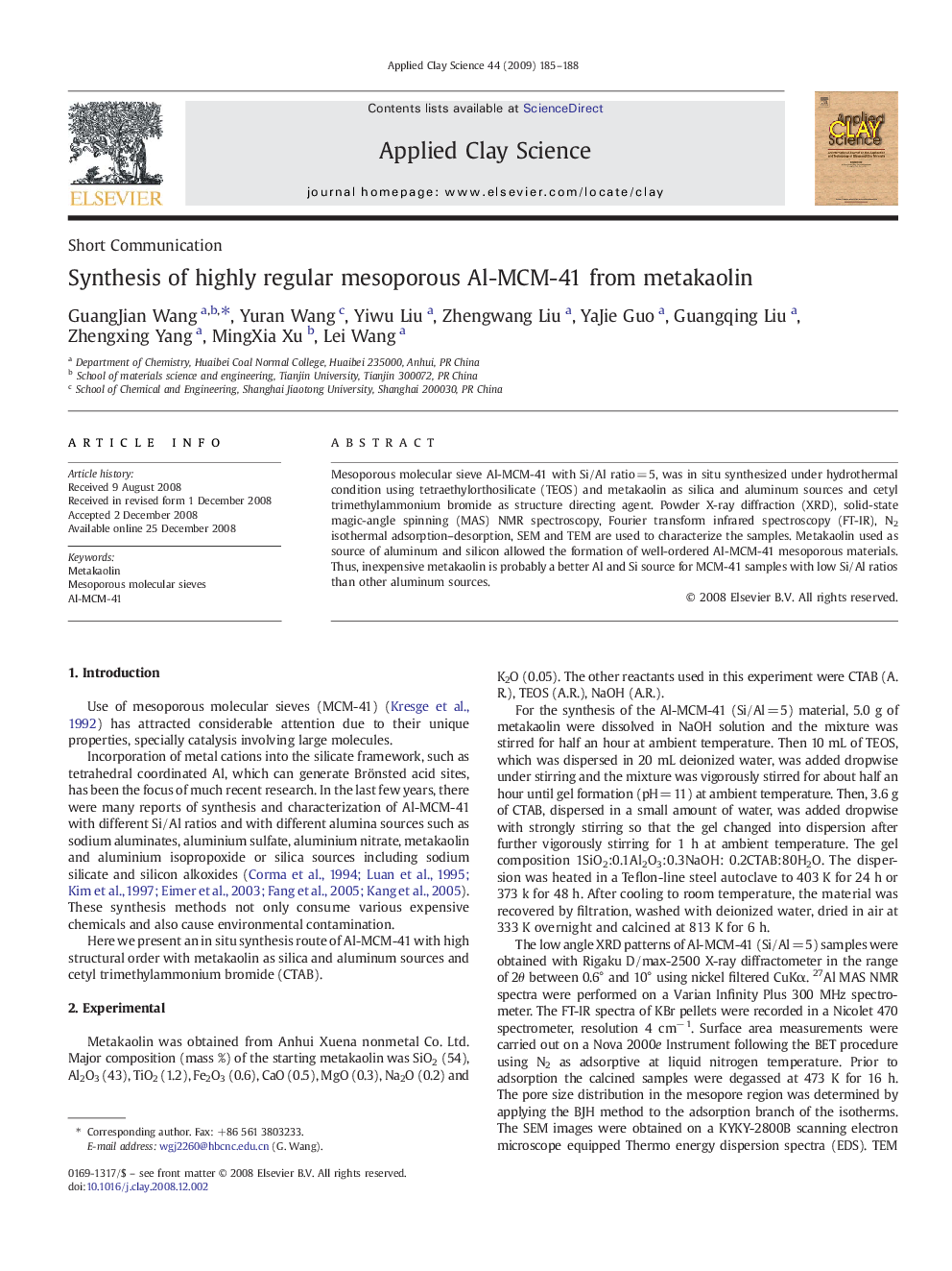 Synthesis of highly regular mesoporous Al-MCM-41 from metakaolin