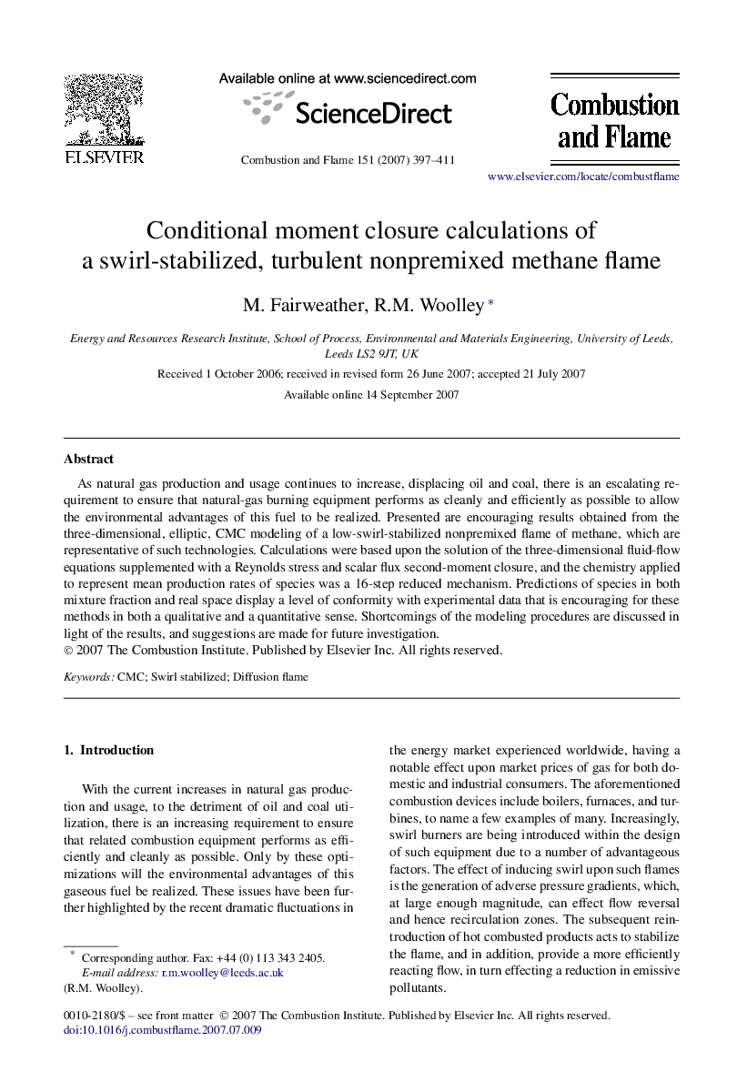 Conditional moment closure calculations of a swirl-stabilized, turbulent nonpremixed methane flame