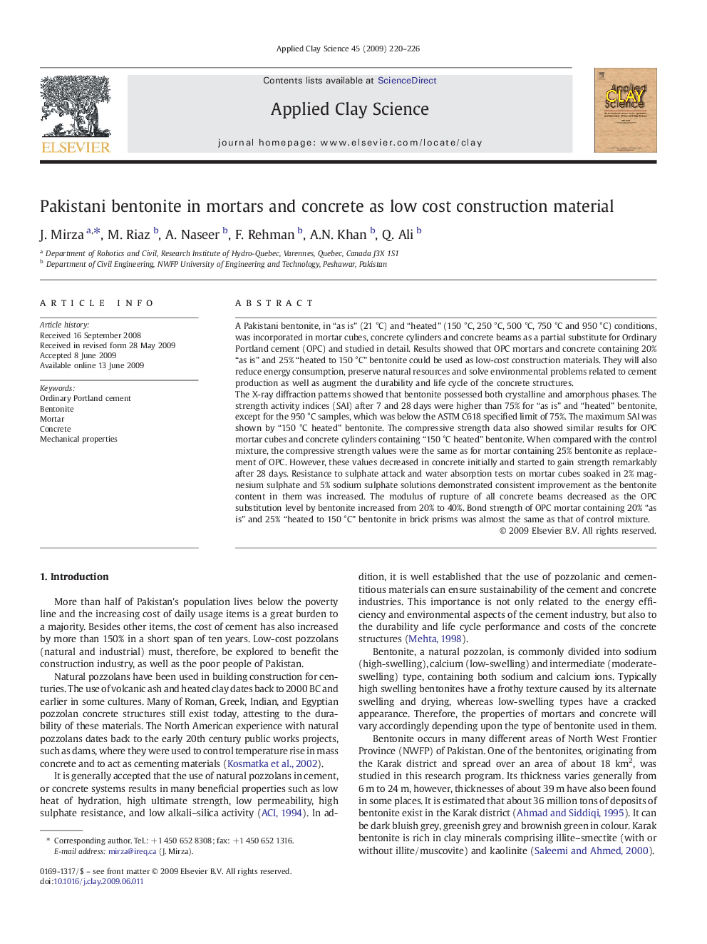 Pakistani bentonite in mortars and concrete as low cost construction material