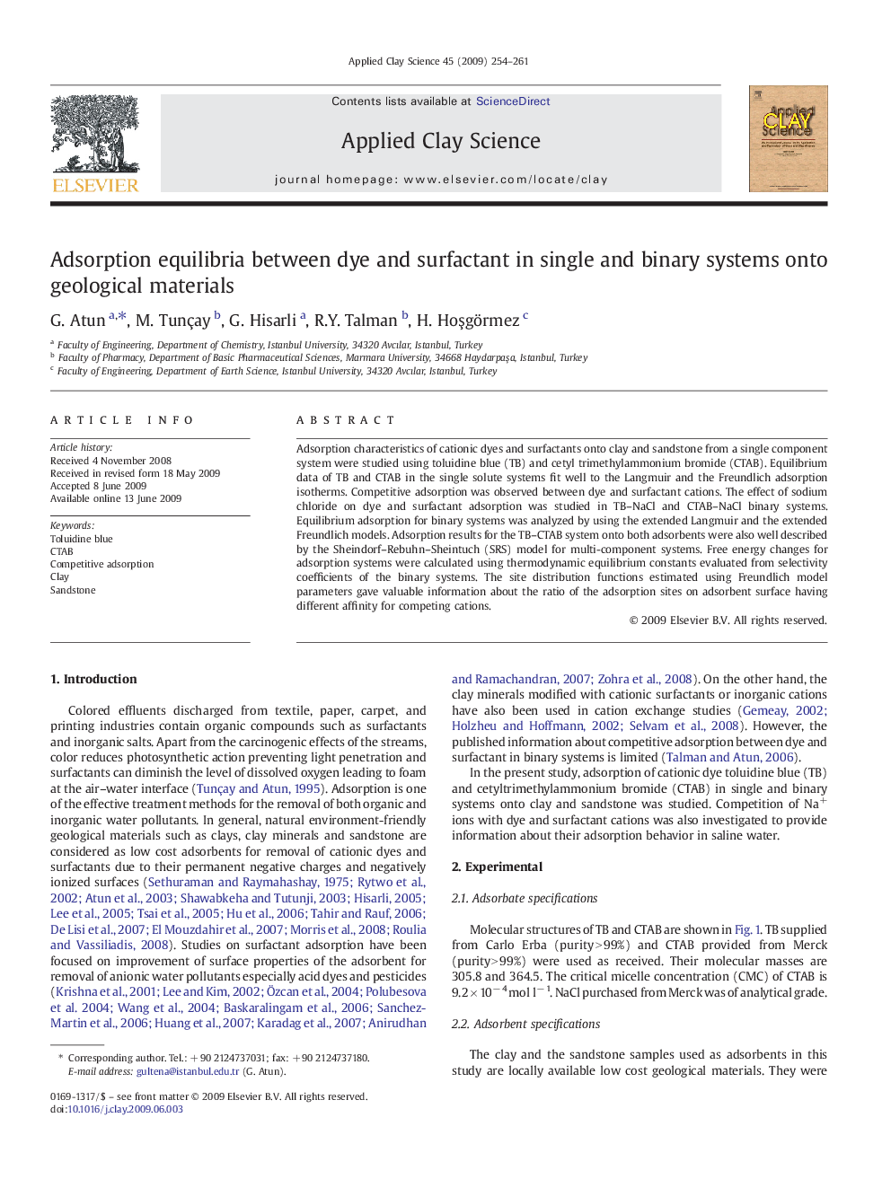 Adsorption equilibria between dye and surfactant in single and binary systems onto geological materials