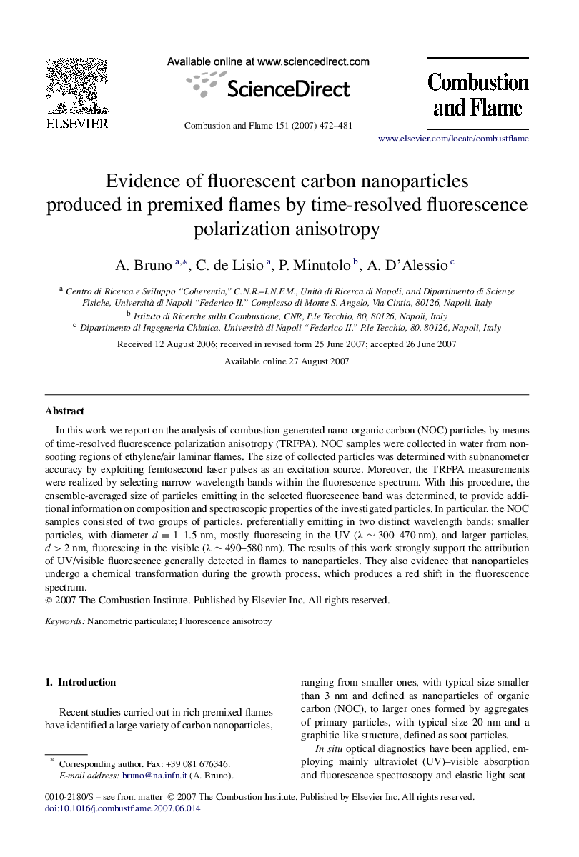 Evidence of fluorescent carbon nanoparticles produced in premixed flames by time-resolved fluorescence polarization anisotropy