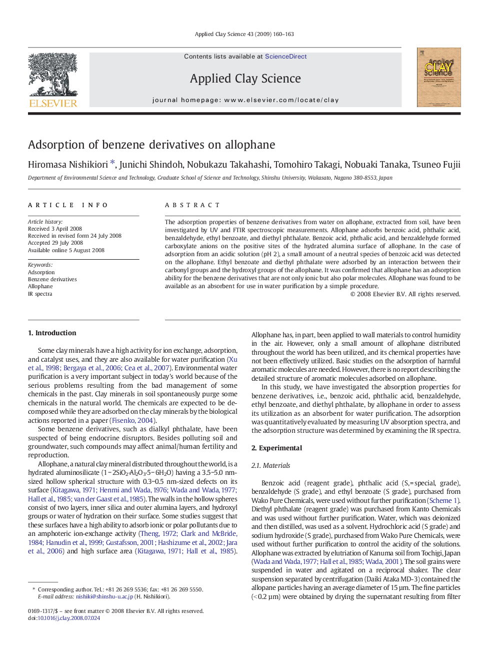 عکس صفحه اول مقاله: Adsorption of benzene derivatives on allophane Adsorption of benzene derivatives on allophane