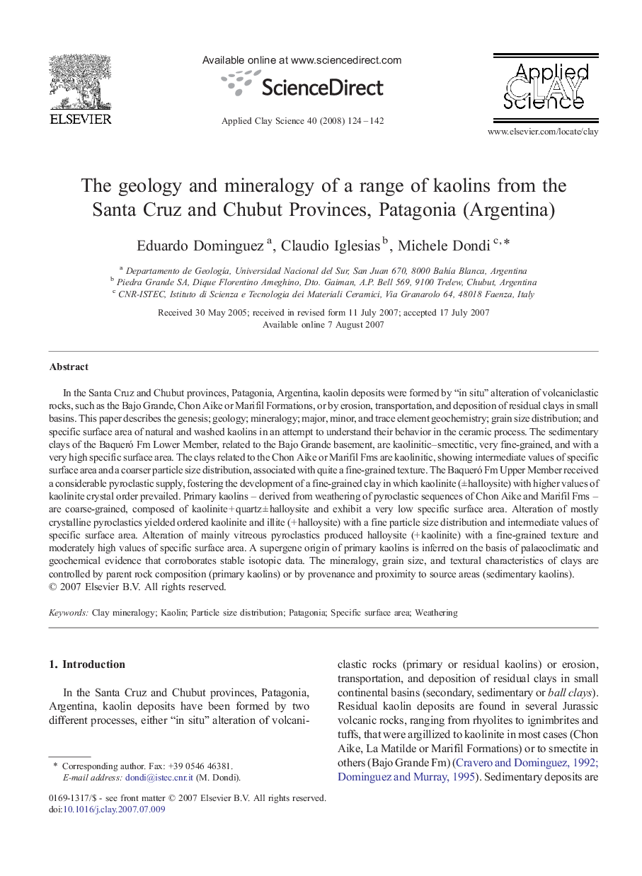 عکس صفحه اول مقاله: The geology and mineralogy of a range of kaolins from the Santa Cruz and Chubut Provinces, Patagonia (Argentina) The geology and mineralogy of a range of kaolins from the Santa Cruz and Chubut Provinces, Patagonia (Argentina)