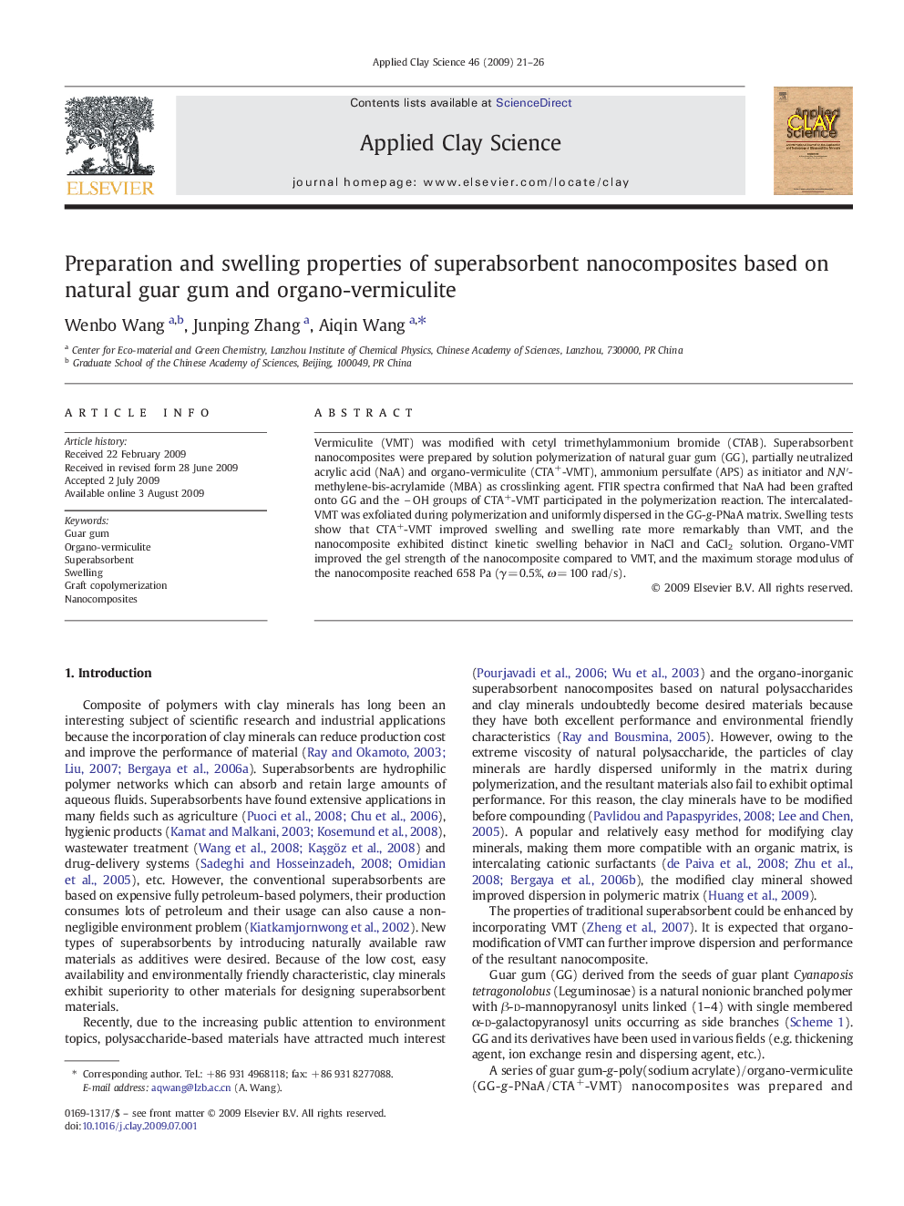 Preparation and swelling properties of superabsorbent nanocomposites based on natural guar gum and organo-vermiculite