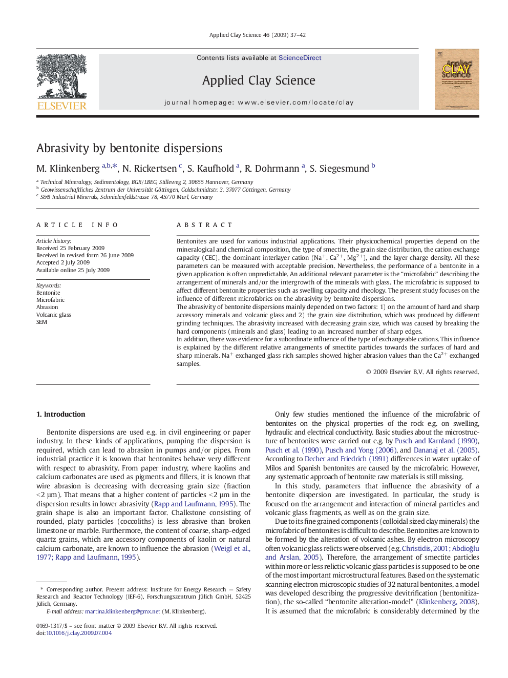 Abrasivity by bentonite dispersions