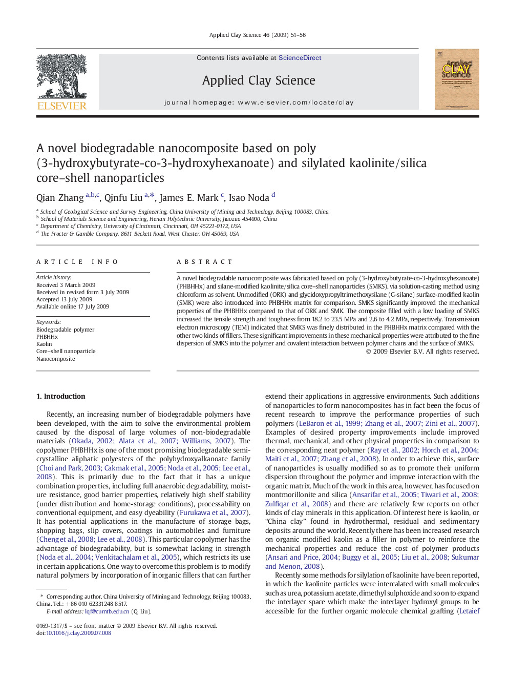عکس صفحه اول مقاله: A novel biodegradable nanocomposite based on poly (3-hydroxybutyrate-co-3-hydroxyhexanoate) and silylated kaolinite/silica core–shell nanoparticles A novel biodegradable nanocomposite based on poly (3-hydroxybutyrate-co-3-hydroxyhexanoate) and silylated kaolinite/silica core–shell nanoparticles