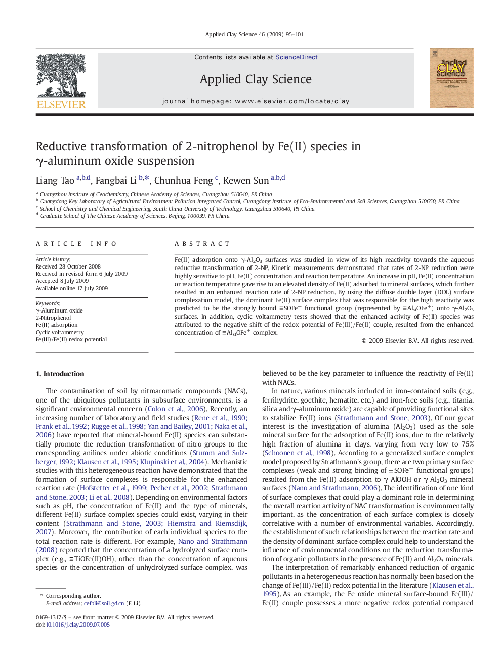 Reductive transformation of 2-nitrophenol by Fe(II) species in γ-aluminum oxide suspension