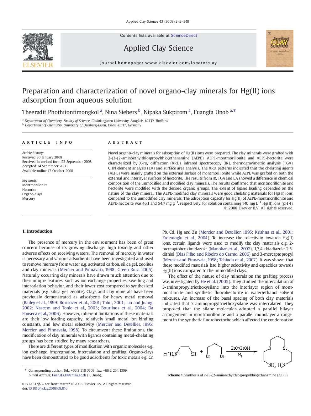 Preparation and characterization of novel organo-clay minerals for Hg(II) ions adsorption from aqueous solution