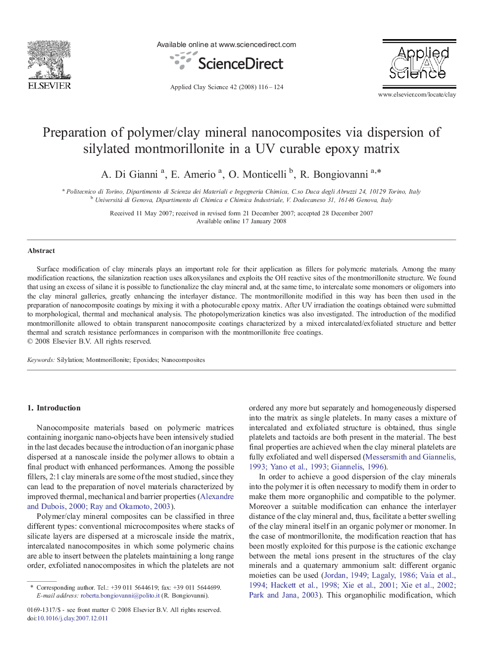 Preparation of polymer/clay mineral nanocomposites via dispersion of silylated montmorillonite in a UV curable epoxy matrix