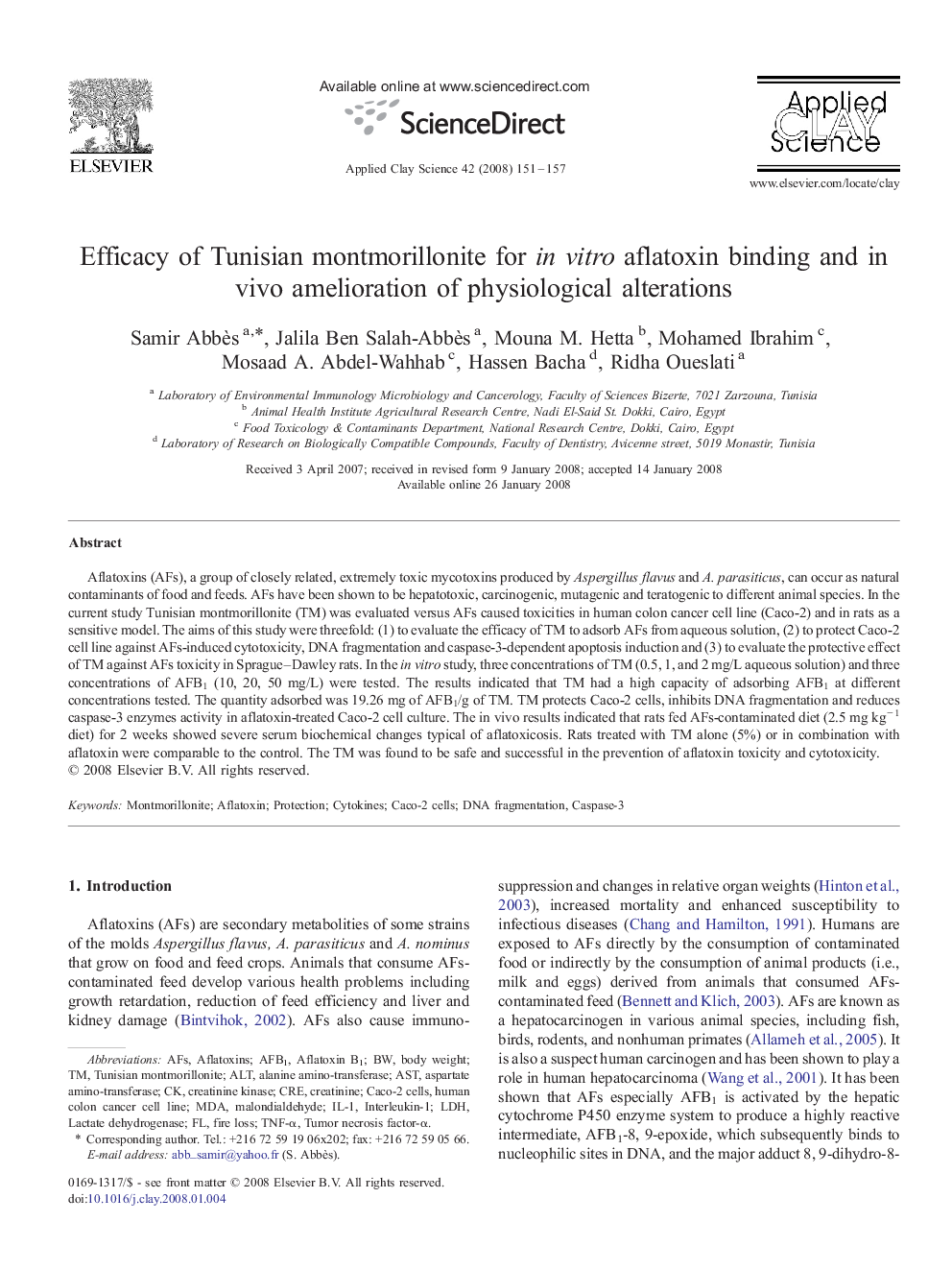 Efficacy of Tunisian montmorillonite for in vitro aflatoxin binding and in vivo amelioration of physiological alterations