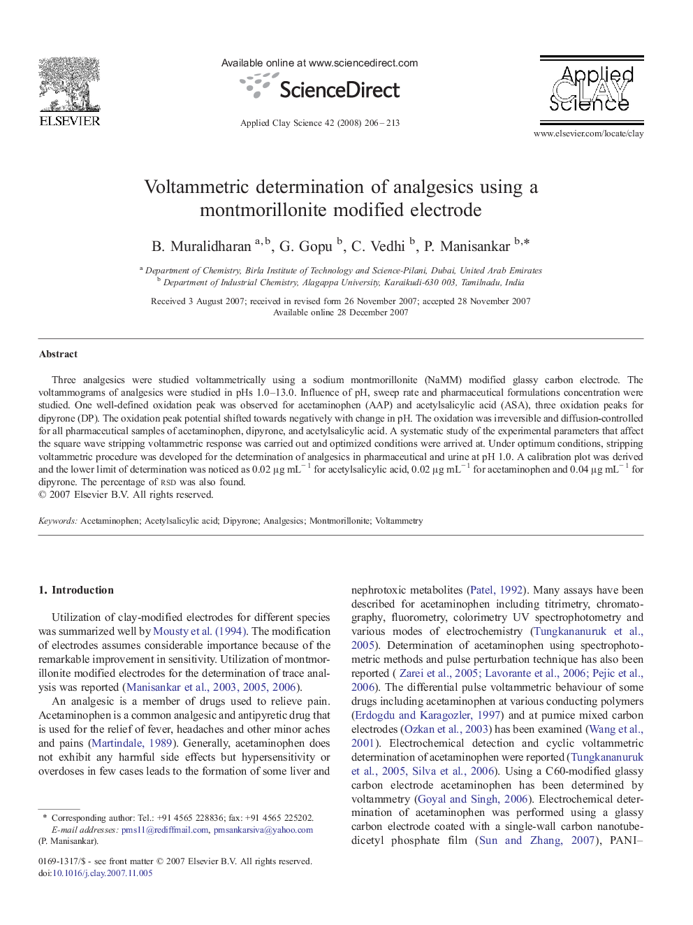 Voltammetric determination of analgesics using a montmorillonite modified electrode