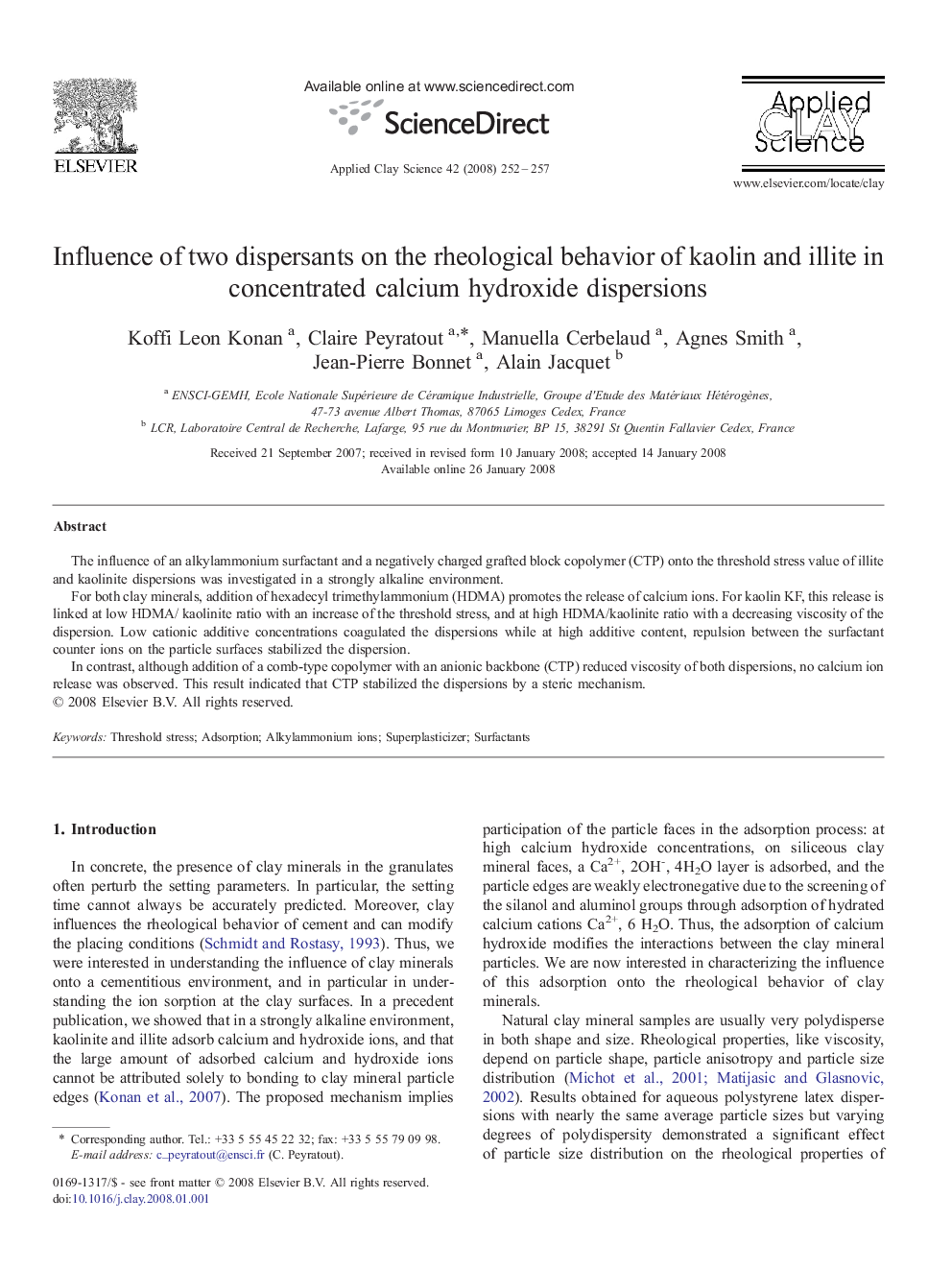 عکس صفحه اول مقاله: Influence of two dispersants on the rheological behavior of kaolin and illite in concentrated calcium hydroxide dispersions Influence of two dispersants on the rheological behavior of kaolin and illite in concentrated calcium hydroxide dispersions