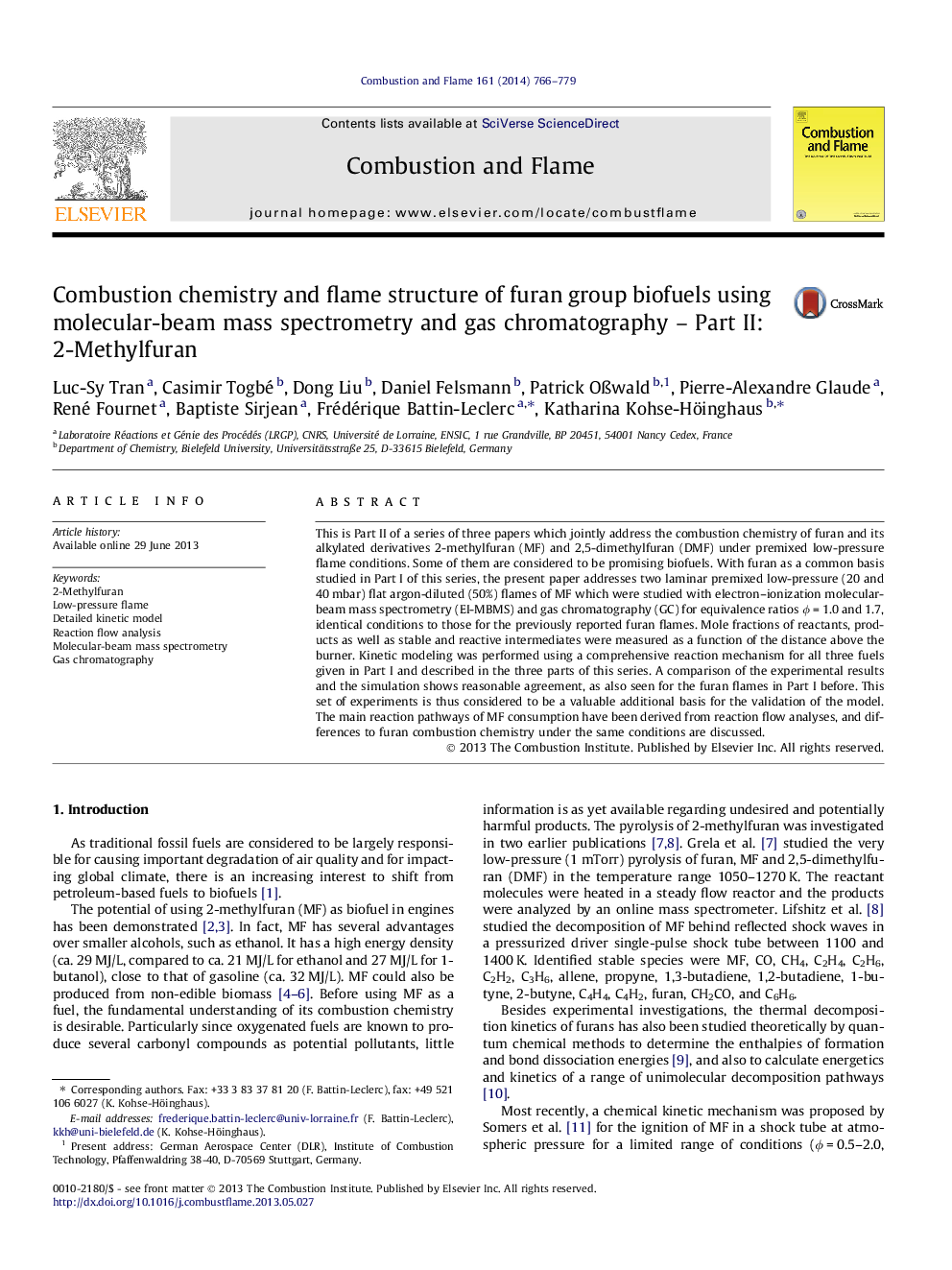 Combustion chemistry and flame structure of furan group biofuels using molecular-beam mass spectrometry and gas chromatography – Part II: 2-Methylfuran