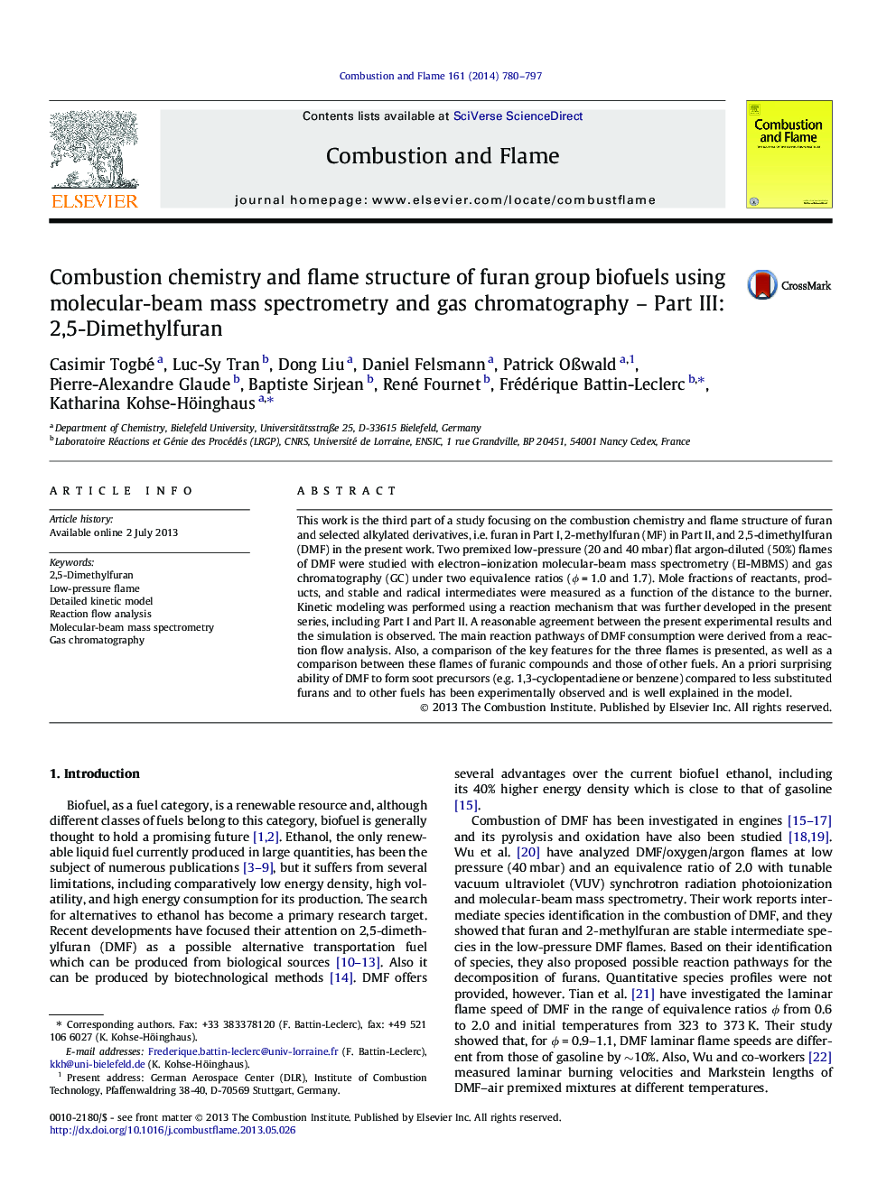 Combustion chemistry and flame structure of furan group biofuels using molecular-beam mass spectrometry and gas chromatography – Part III: 2,5-Dimethylfuran