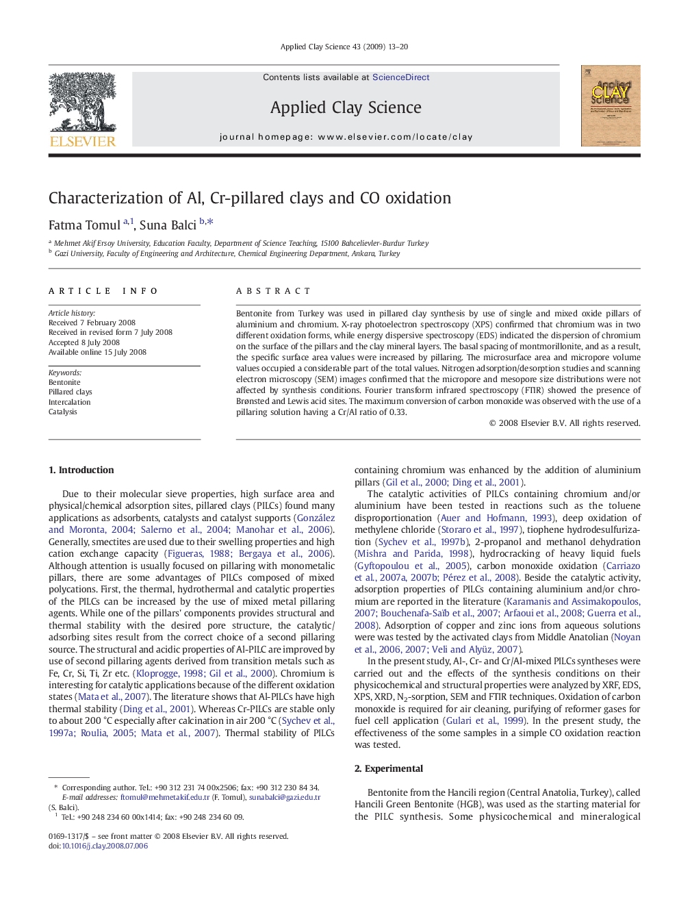 Characterization of Al, Cr-pillared clays and CO oxidation