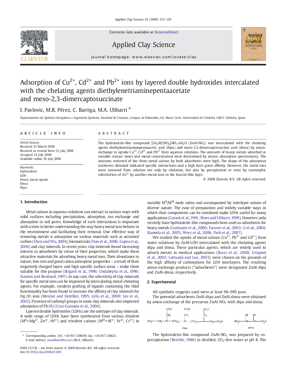 Adsorption of Cu2+, Cd2+ and Pb2+ ions by layered double hydroxides intercalated with the chelating agents diethylenetriaminepentaacetate and meso-2,3-dimercaptosuccinate