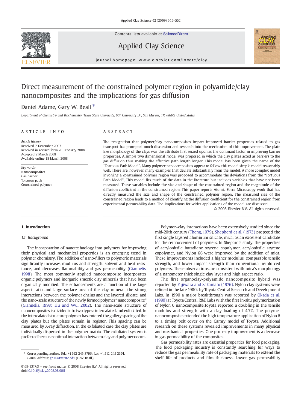 عکس صفحه اول مقاله: Direct measurement of the constrained polymer region in polyamide/clay nanocomposites and the implications for gas diffusion Direct measurement of the constrained polymer region in polyamide/clay nanocomposites and the implications for gas diffusion
