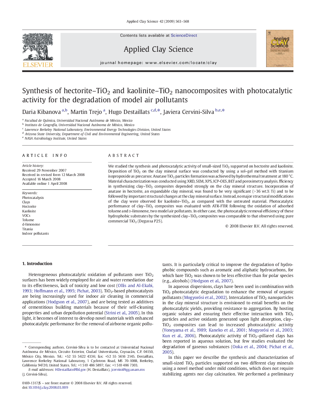 Synthesis of hectorite–TiO2 and kaolinite–TiO2 nanocomposites with photocatalytic activity for the degradation of model air pollutants