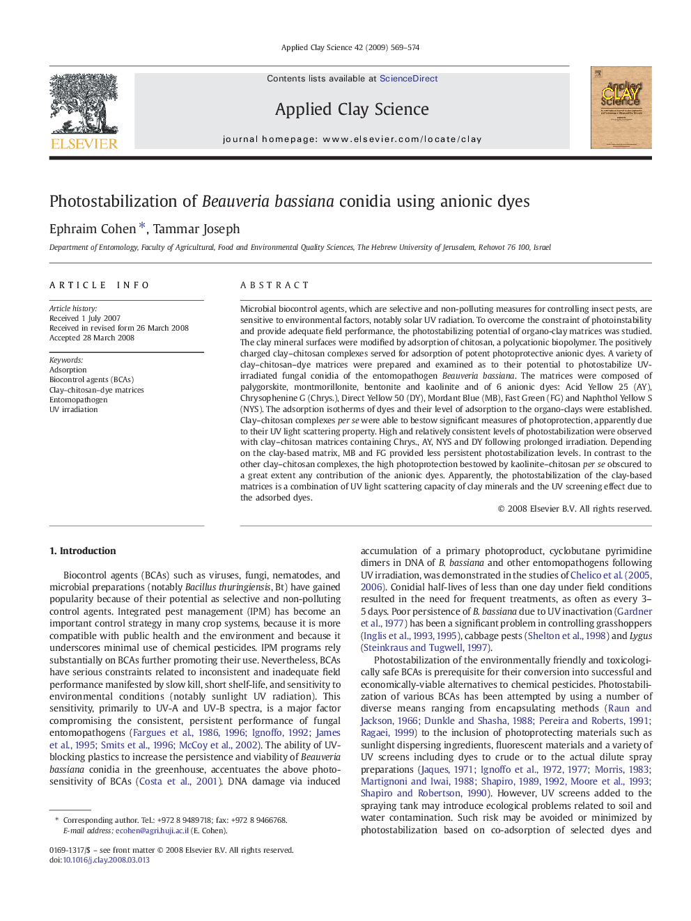 Photostabilization of Beauveria bassiana conidia using anionic dyes