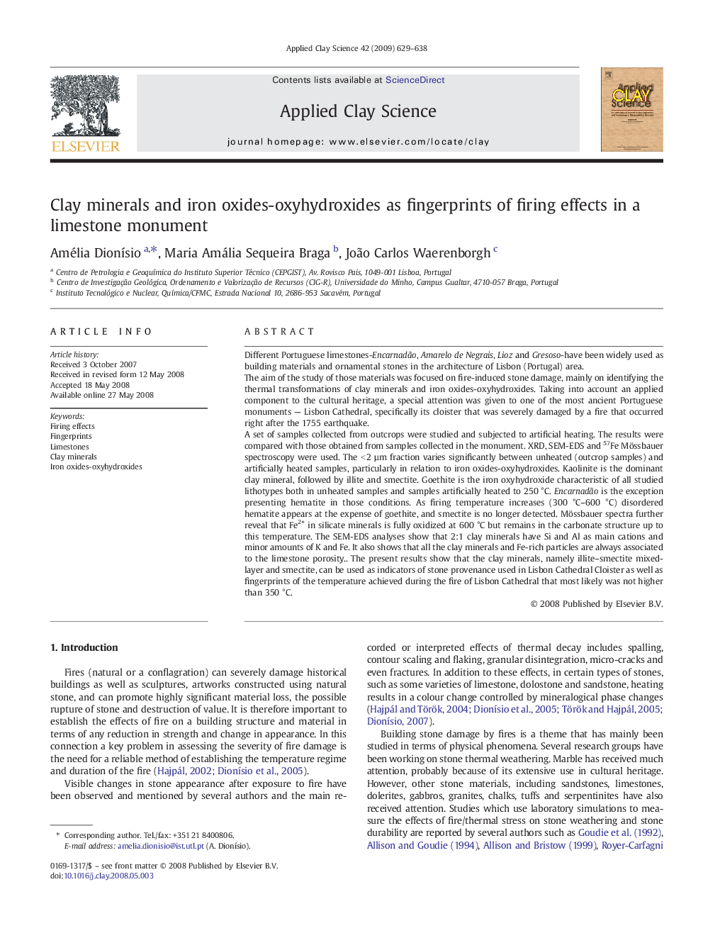 عکس صفحه اول مقاله: Clay minerals and iron oxides-oxyhydroxides as fingerprints of firing effects in a limestone monument Clay minerals and iron oxides-oxyhydroxides as fingerprints of firing effects in a limestone monument