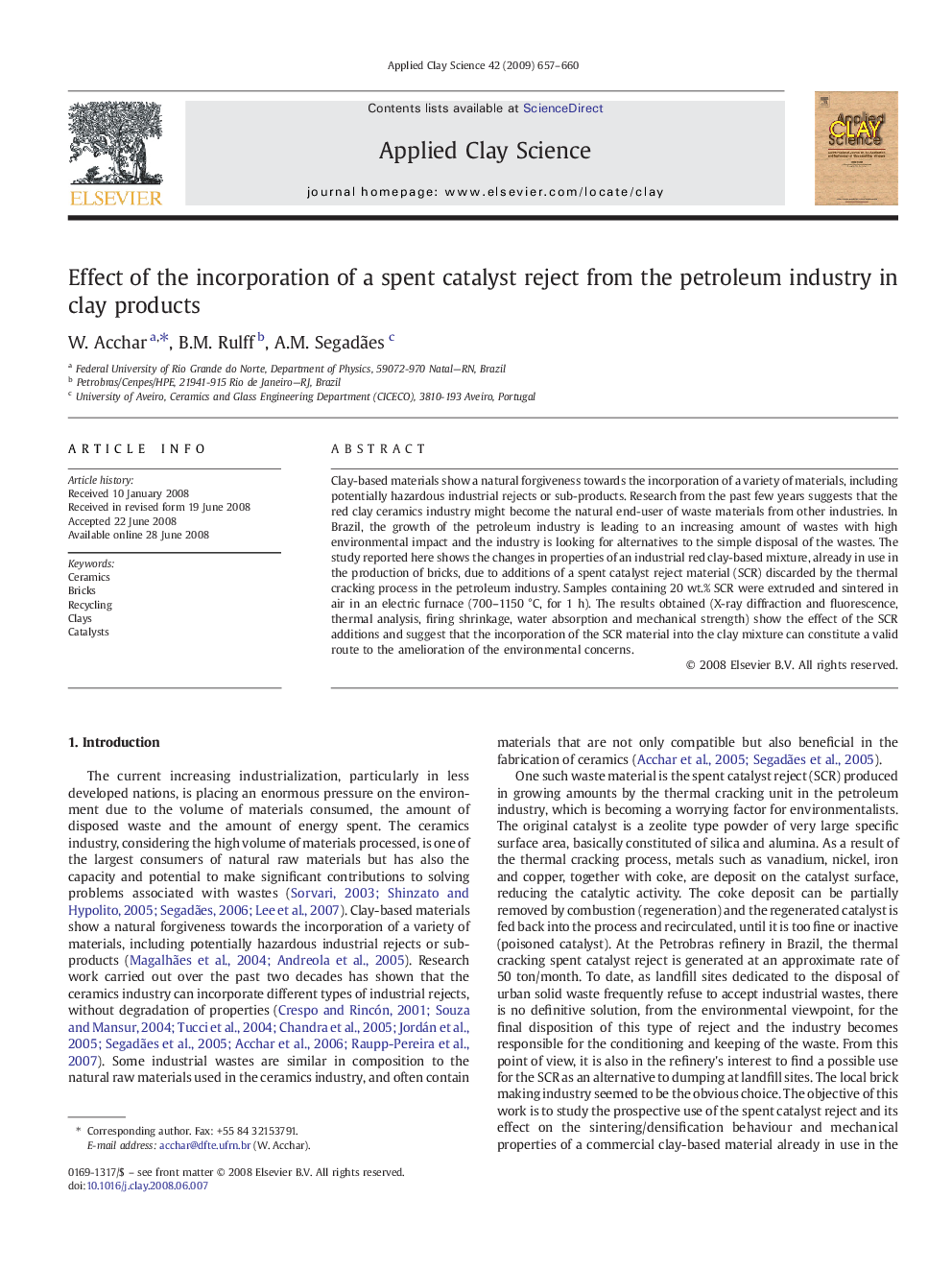 Effect of the incorporation of a spent catalyst reject from the petroleum industry in clay products