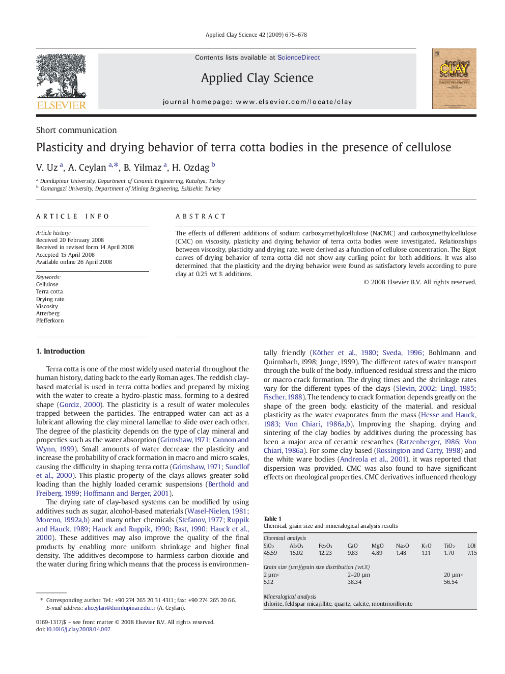 عکس صفحه اول مقاله: Plasticity and drying behavior of terra cotta bodies in the presence of cellulose Plasticity and drying behavior of terra cotta bodies in the presence of cellulose