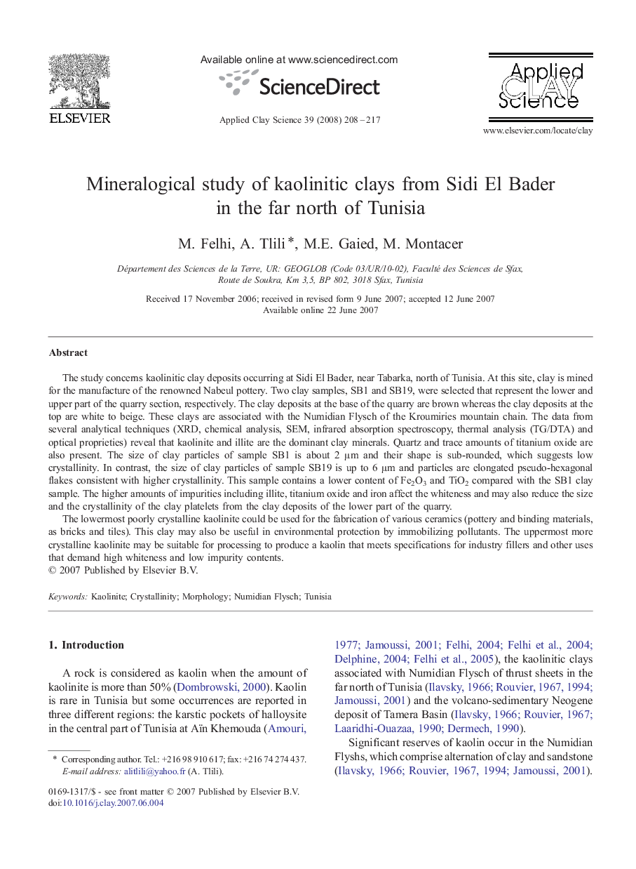 عکس صفحه اول مقاله: Mineralogical study of kaolinitic clays from Sidi El Bader in the far north of Tunisia Mineralogical study of kaolinitic clays from Sidi El Bader in the far north of Tunisia