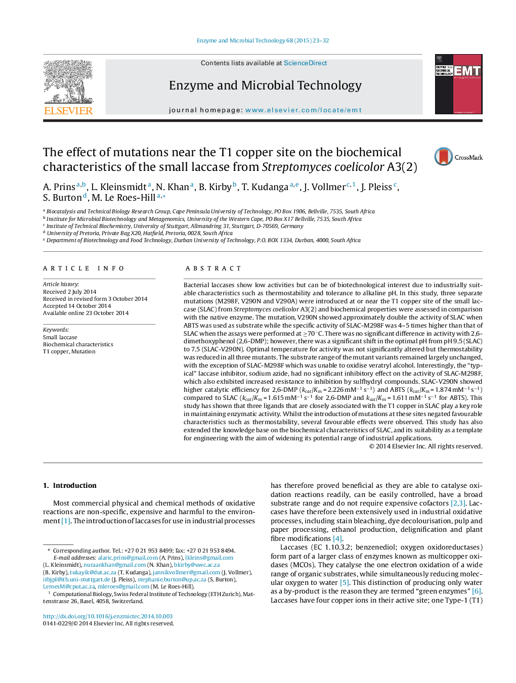 The effect of mutations near the T1 copper site on the biochemical characteristics of the small laccase from Streptomyces coelicolor A3(2)