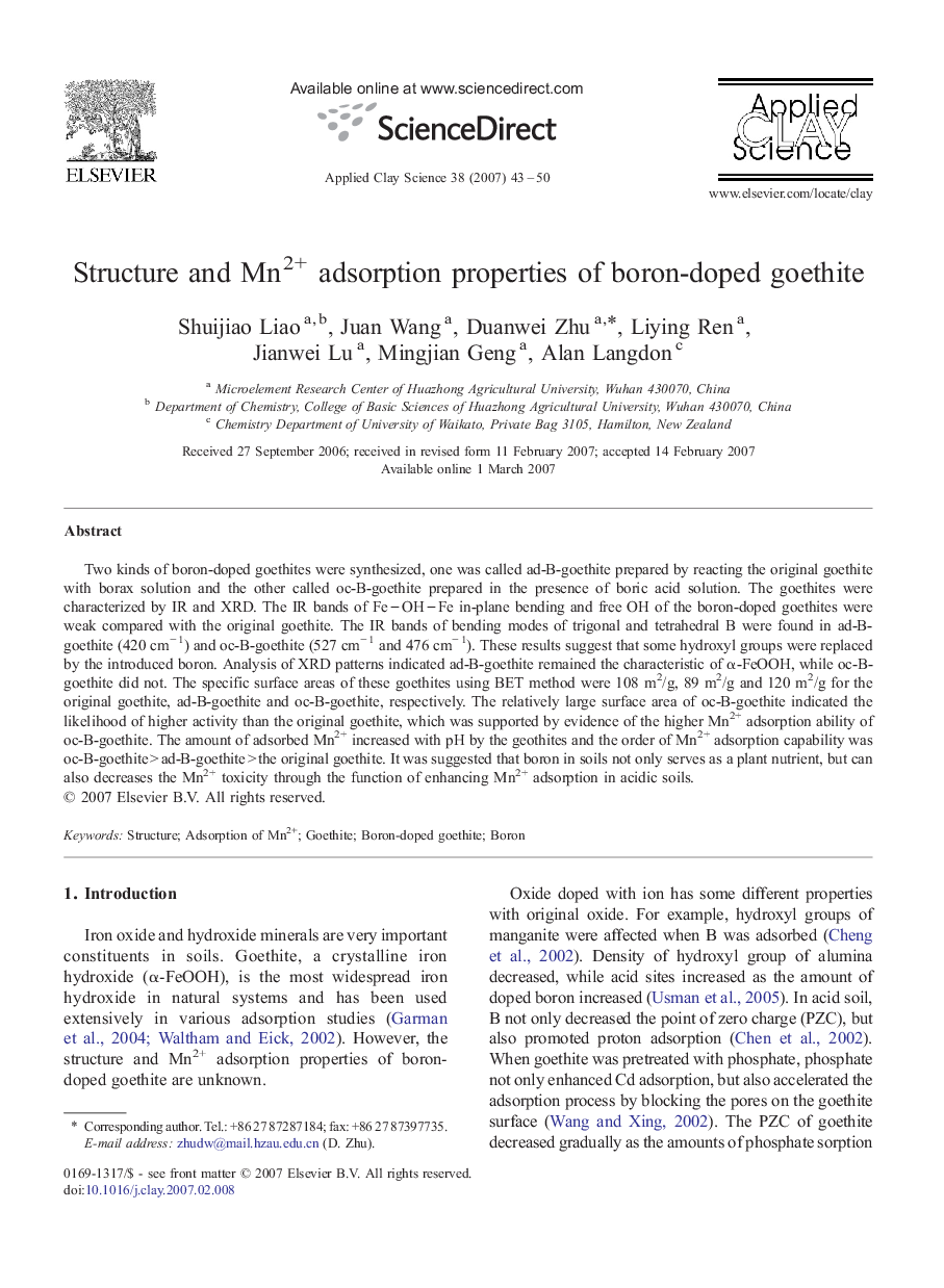 Structure and Mn2+ adsorption properties of boron-doped goethite